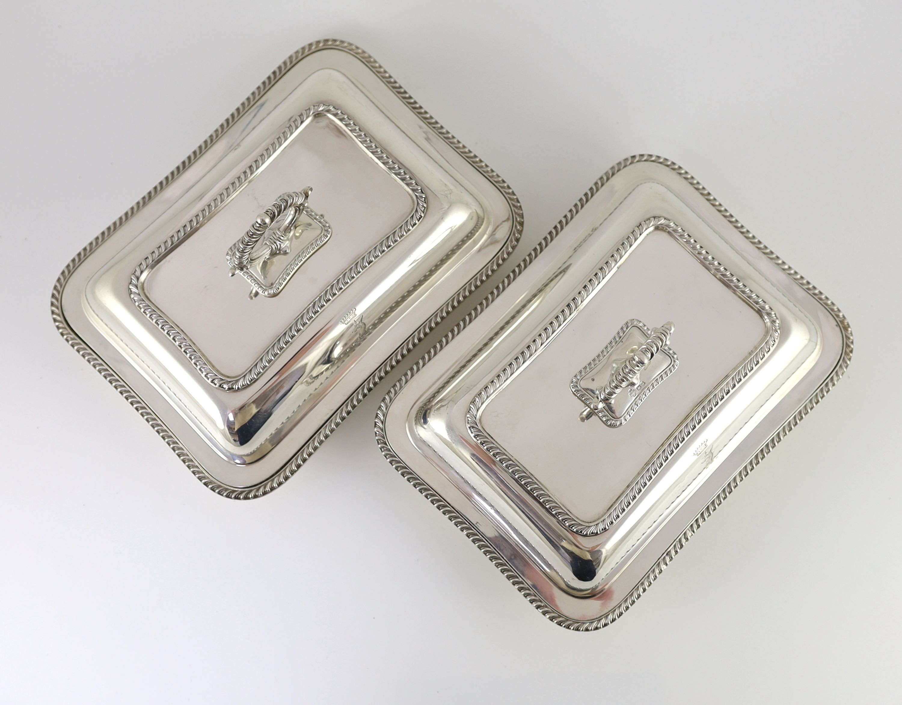 A pair of George V silver tureens and covers with handles, by Jay, Richard Attenborough Ltd